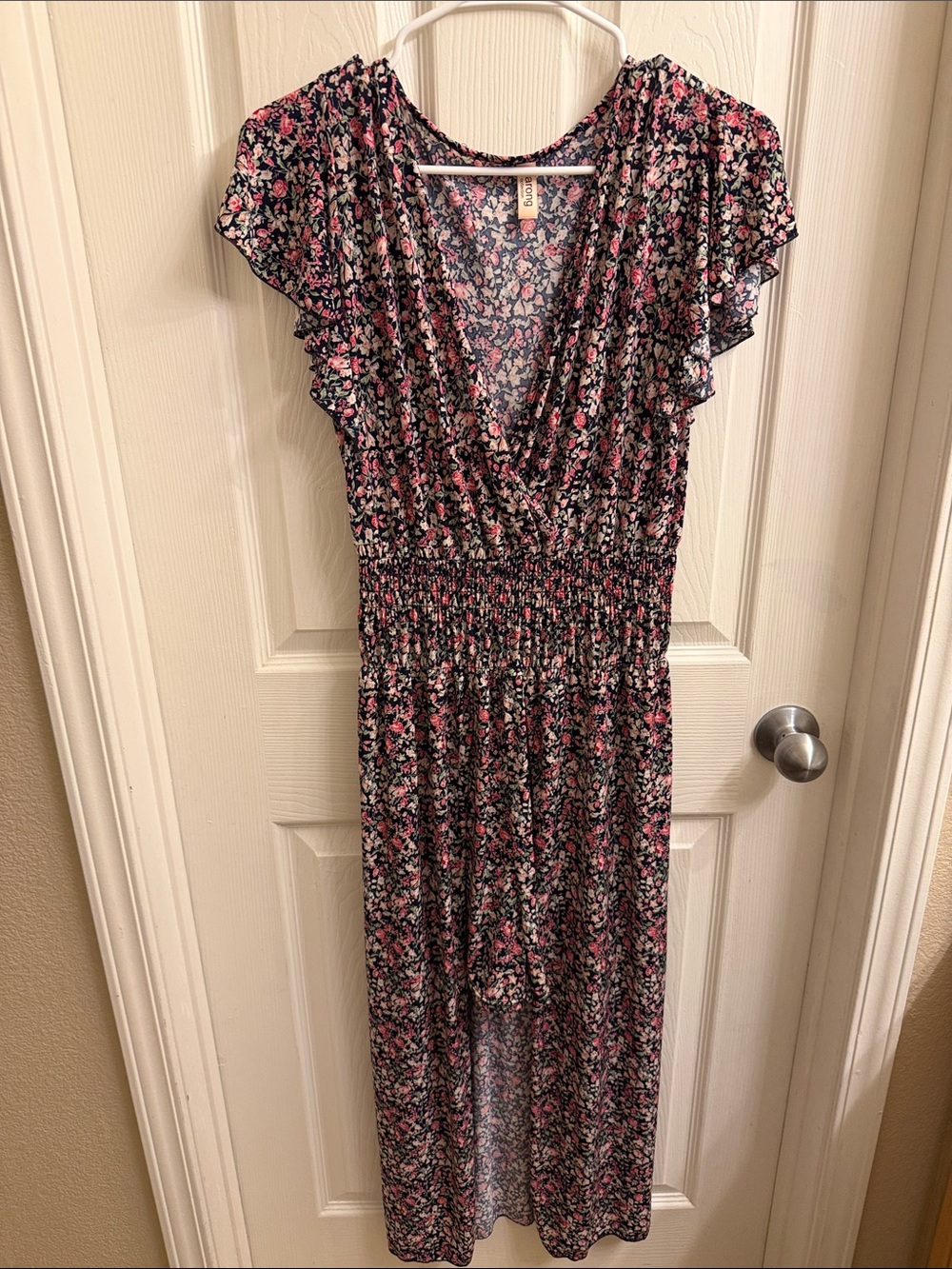 Black Floral Midi Dress/shorts attached with Pink Accents and Smocked Waist